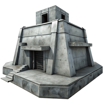 serene modern Brutalist concrete bunker, harsh shadows, overcast sky, dystopian setting, photorealistic, monochrome, high resolution png