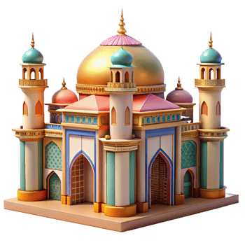 serene minimalist An intricate, Islamic mosque with colorful mosaics and ornate details, midday sun, vibrant, detailed textures, authentic png