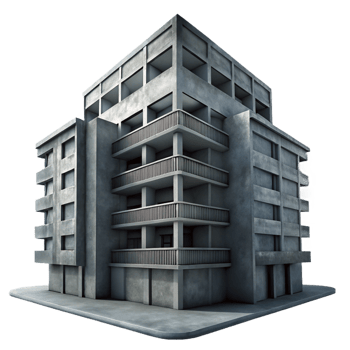 elegant abstract A single Brutalist concrete apartment building, harsh shadows, overcast sky, monochrome, gritty texture 4K png