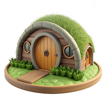 wonderful traditional A hobbit hole, nestled into a grassy hillside, round wooden door, cozy, whimsical style original png