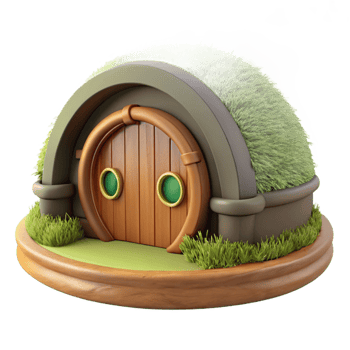 vibrant artistic A hobbit hole, nestled into a grassy hillside, round wooden door, cozy, whimsical style authentic png