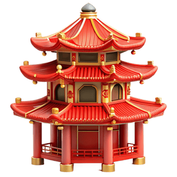 dramatic vintage Traditional Chinese pagoda, intricate red and gold details, misty mountain backdrop, serene atmosphere, detailed ornamentation, authentic png