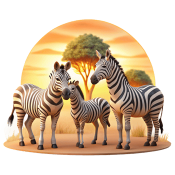impressive modern A group of zebras grazing in the African savanna, warm sunset lighting, wildlife photography style high resolution png