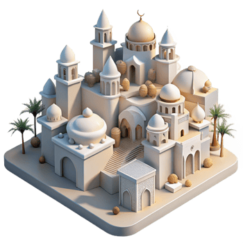 stunning creative Desert oasis city, whitewashed buildings, intricate carvings, bright sunlight, Moorish architecture, high quality png