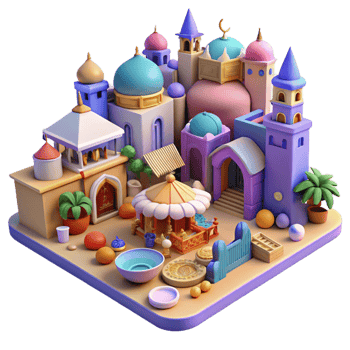 magnificent creative A colorful, chaotic bazaar in a Middle Eastern city, midday sun, bustling, detailed textures, exclusive png