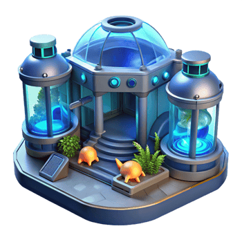 serene minimalist An underwater research facility with panoramic windows, bioluminescent creatures outside, sci-fi style, cool blue light, high quality png