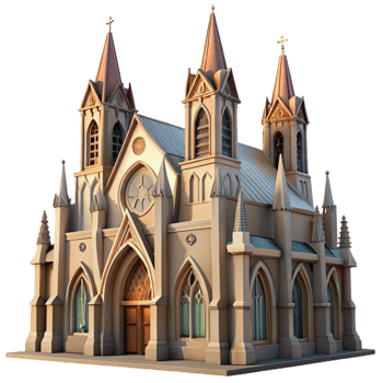 beautiful contemporary A medieval cathedral with soaring stained-glass windows, intricate carvings, soft sunlight, solemn and majestic genuine png