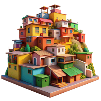 vibrant contemporary A colourful favela built on a hillside, vibrant paint, intricate details, warm sunlight, lively atmosphere exclusive png