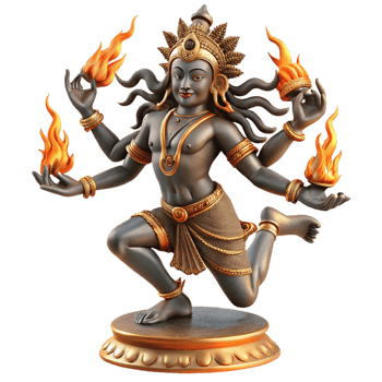 dramatic creative A fierce Hindu god Shiva, dancing the Tandava, surrounded by flames, traditional Indian bronze sculpture style, dramatic lighting, original png