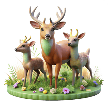 wonderful artistic A family of deer grazing in a sun-drenched meadow, wildflowers blooming around them, in a pastoral painting style authentic png