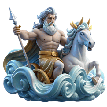 magnificent abstract Poseidon commanding a storm-tossed sea from his chariot pulled by hippocamps, waves crashing around him, lightning illuminating the scene, Romantic style premium png