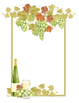 Watercolor vertical frame with grapes, wine bottle and glass. Illustration of grapevine, green berries and leaves. Frame for white wine, jam, juice label. Clipart for wine, cafe, restaurant. png