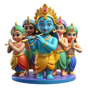 extraordinary minimalist Krishna, Hindu deity, playing a flute and surrounded by adoring gopis, vibrant colors, miniature painting style exclusive png