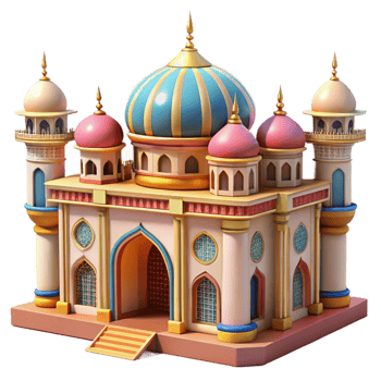 wonderful modern An intricate, Islamic mosque with colorful mosaics and ornate details, midday sun, vibrant, detailed textures, high quality png