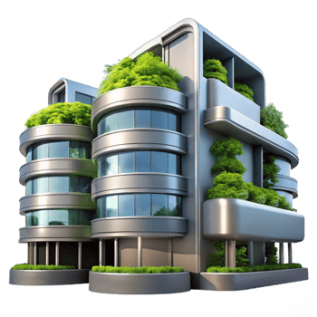 elegant artistic A futuristic apartment complex with vertical gardens, lush greenery and sleek metal, bright daylight, eco-futuristic style exclusive png