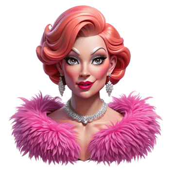 stunning rustic Portrait of a glamorous drag queen with extravagant makeup and a feather boa, vibrant stage lighting, pop art style, authentic png