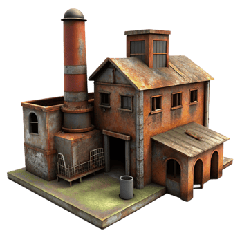 serene rustic An abandoned industrial factory, rusty and decaying, dimly lit, eerie, photorealistic, 4K png