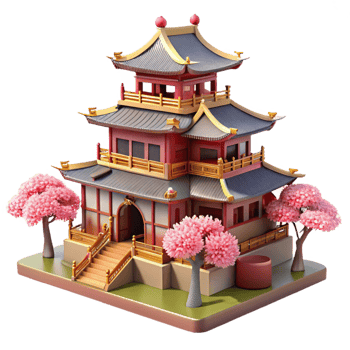 dramatic classic A traditional Japanese castle, intricate wooden architecture, cherry blossoms in bloom, serene and majestic style premium png