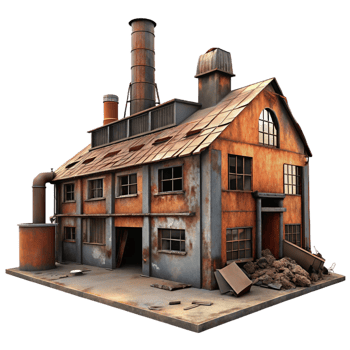 extraordinary creative An abandoned industrial factory, rusty metal, broken windows, post-apocalyptic setting, digital painting, detailed png