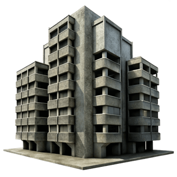 impressive classic A brutalist concrete apartment complex, harsh shadows, high contrast black and white photography, gritty realism, detailed png