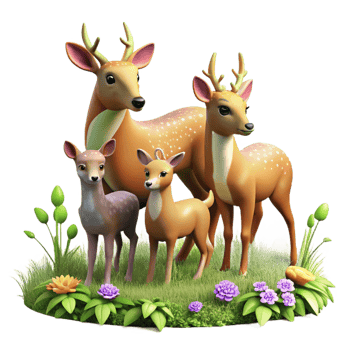 stunning minimalist A family of deer grazing in a sun-drenched meadow, wildflowers blooming around them, in a pastoral painting style detailed png