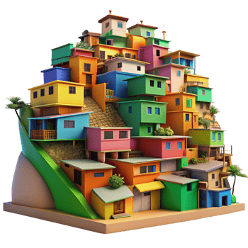 beautiful creative A colorful favela built on a hillside, vibrant hues, dynamic composition, documentary style, detailed png