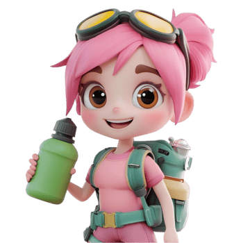 cartoon girl with backpack and water bottle on transparent background png