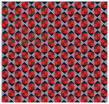 A vibrant geometric pattern featuring alternating red squares and diagonal black and white stripes, arranged in a repeating grid. vector