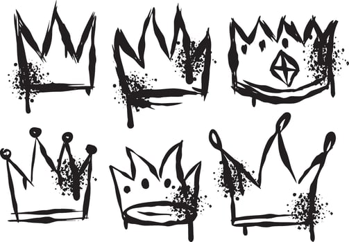 Crown graffiti. Dirty grunge spray brush. Black paint tag. Airbrush king stain symbol vector