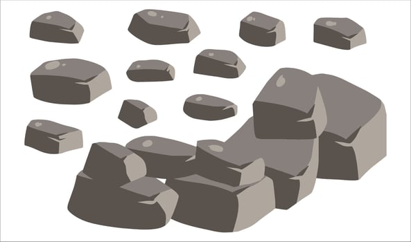 Stone boulder. Granite debris and grey cobble. Pile of rubble rock block. Natural solid cracked mineral. Big mountain geology material. Heap of gravel vector