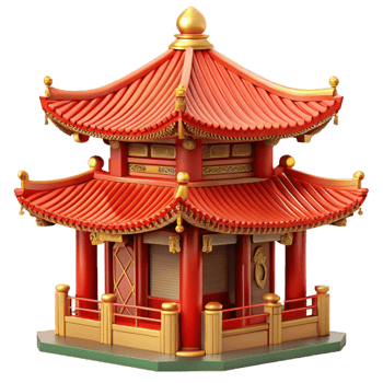 vibrant contemporary Traditional Chinese pagoda, intricate red and gold details, misty mountain backdrop, serene atmosphere, detailed ornamentation, high quality png