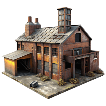 stunning traditional Abandoned factory, rusted metal, broken windows, dimly lit interior, urban decay theme, gritty realism, authentic png