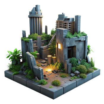 elegant contemporary A post-apocalyptic ruined city, overgrown with vegetation, dim twilight lighting, desolate and haunting style detailed png