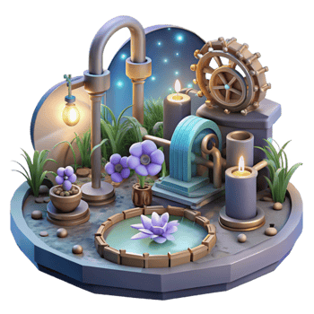 serene rustic A steampunk garden with mechanical flowers and intricate water features, gears and pipes visible, illuminated by a soft, moonlight 4K png
