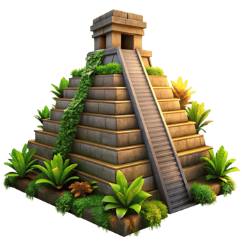 serene creative An ancient Mayan pyramid, overgrown with jungle vegetation, dramatic sunset lighting, realistic rendering authentic png