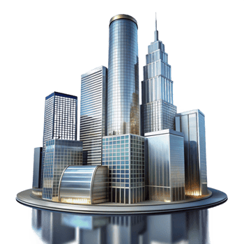 vibrant creative A glass and steel skyscraper, reflecting the city skyline, twilight, long exposure photography 4K png
