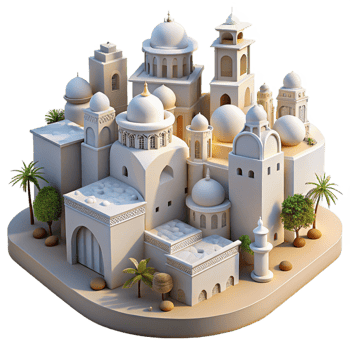 impressive vintage Desert oasis city, whitewashed buildings, intricate carvings, bright sunlight, Moorish architecture, authentic png