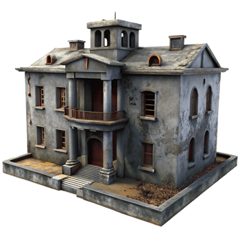 dramatic traditional An abandoned asylum, decaying walls and peeling paint, dim lighting, horror theme high quality png