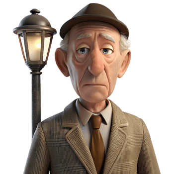 elegant vintage An elderly man with deep wrinkles and a weary expression, wearing a tattered tweed suit, lit by a dim streetlamp, chiaroscuro high resolution png