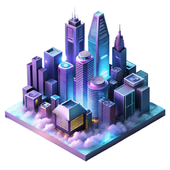 elegant creative A futuristic cityscape, towering chrome skyscrapers piercing the neon-lit fog, cyberpunk style, isometric view exclusive png