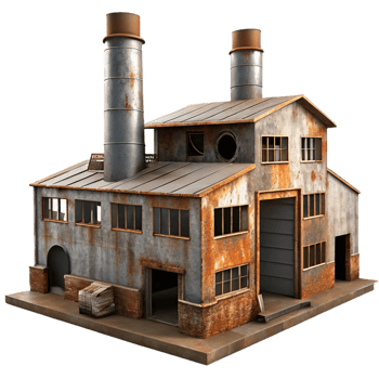 dramatic creative A decaying industrial factory, broken windows, rust and grime, gritty realism high quality png