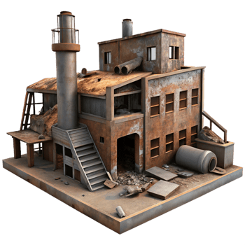 extraordinary minimalist An abandoned factory, rusting machinery, broken windows, dim lighting, dystopian setting original png