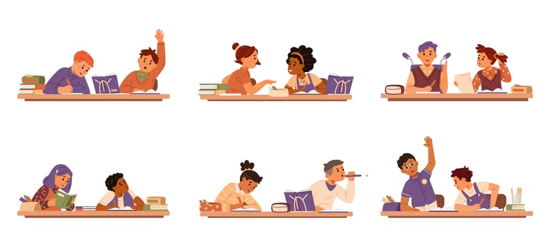 Diverse school children sitting in pairs at desks in classroom studying, chatting, raising hand, distracting flat illustrations set isolated on white. vector