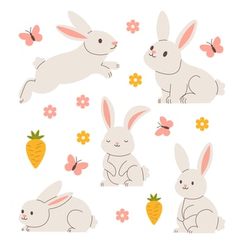 Set of cute bunnies, Easter Rabbits, spring flowers and butterflies. illustration. vector