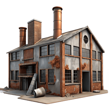 wonderful minimalist An abandoned factory, rusted metal, broken windows, gritty, urban style detailed png