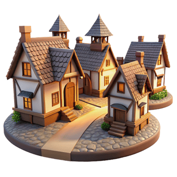 magnificent traditional A medieval village with thatched roof cottages and cobblestone streets, warm sunlight, quaint and charming professional png