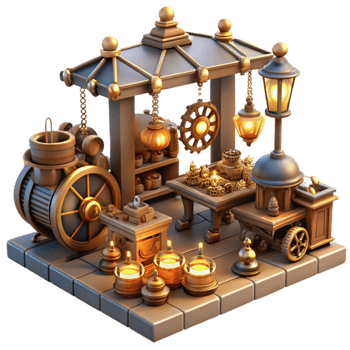 wonderful modern A bustling steampunk marketplace, filled with vendors selling fantastical gadgets, cogs and gears scattered about, lit by flickering gaslight professional png