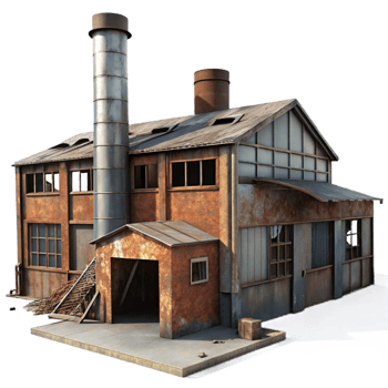 vibrant vintage Abandoned factory, rusted metal, broken windows, dim natural light, urban decay, original png