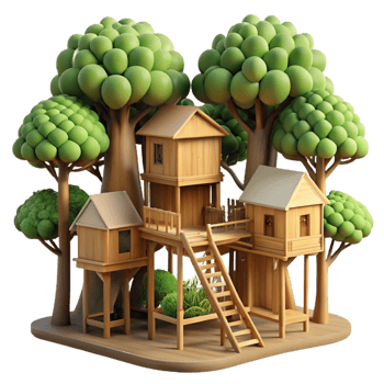 wonderful artistic Treehouse village, interconnected wooden structures, lush forest setting, dappled sunlight, whimsical, 4K png