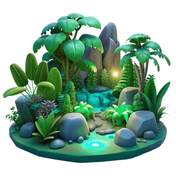 wonderful minimalist A lush, green jungle teeming with colorful, bioluminescent flora and fauna, lit by moonlight filtering through dense canopy, dreamlike art style authentic png